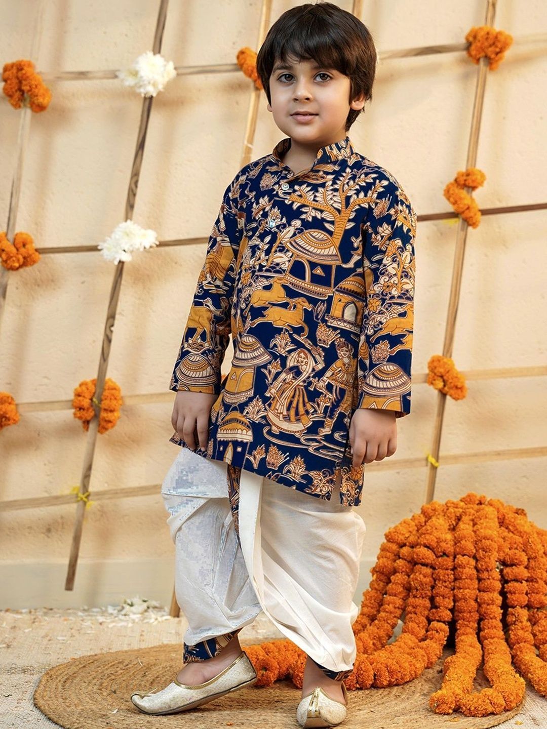Boys Ethnic Motifs Printed Regular Pure Cotton Kurta with Dhoti Pants