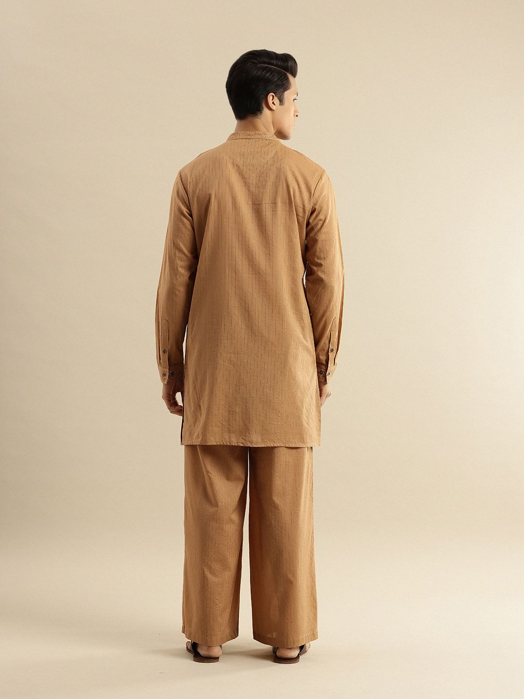 Striped Mandarin Collar Thread Work Jashn Kurta with Trousers