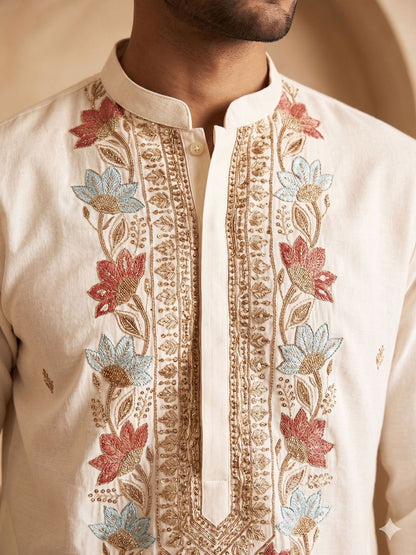 Men Floral Embroidered Regular Thread Work Kurta With Korean Pants
