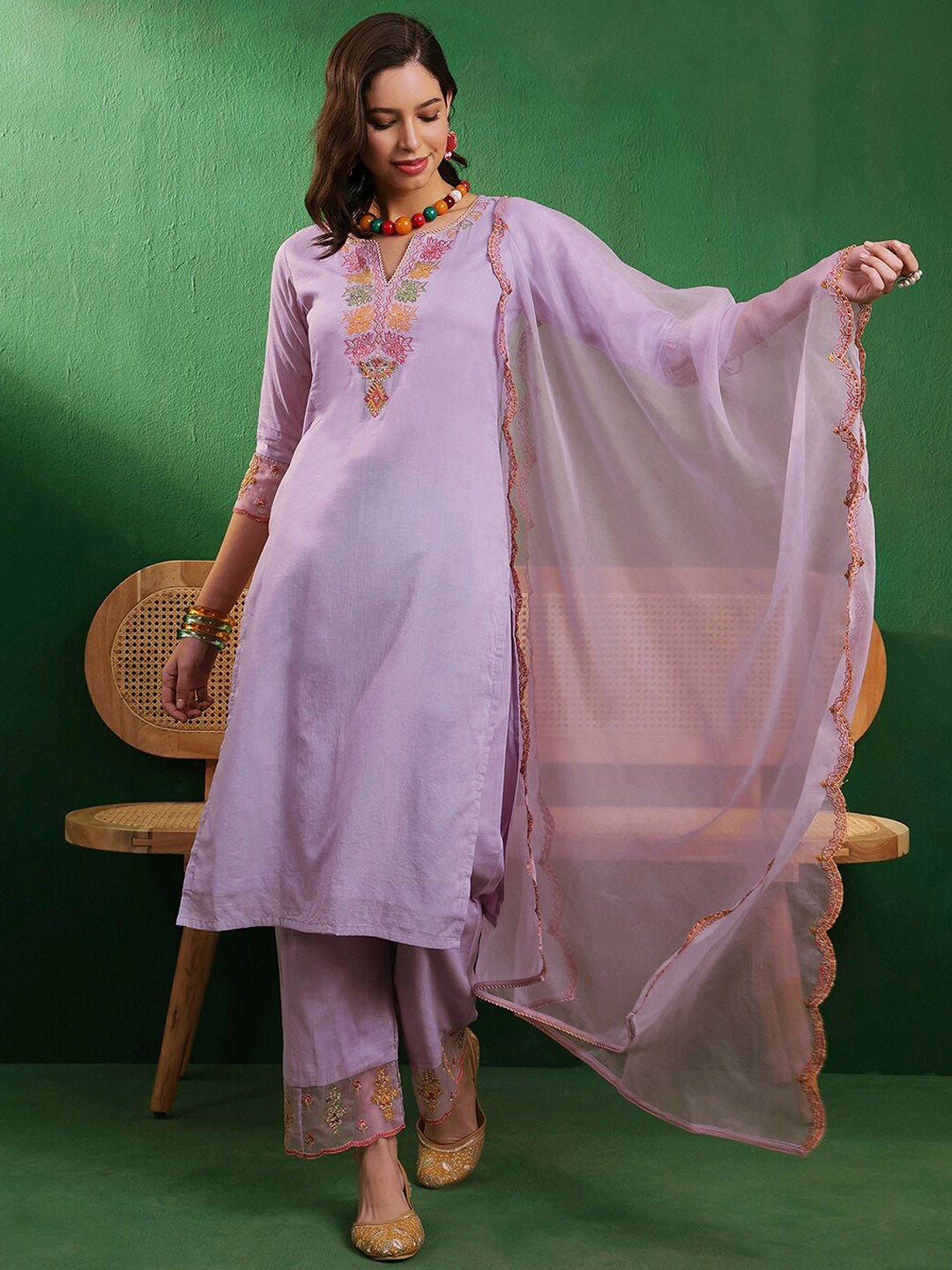 High Slit Thread Work Pure Cotton Kurta With Trouser & Dupatta