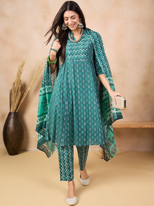 Ethnic Motifs Printed Pure Cotton Kurta & Trousers With Dupatta