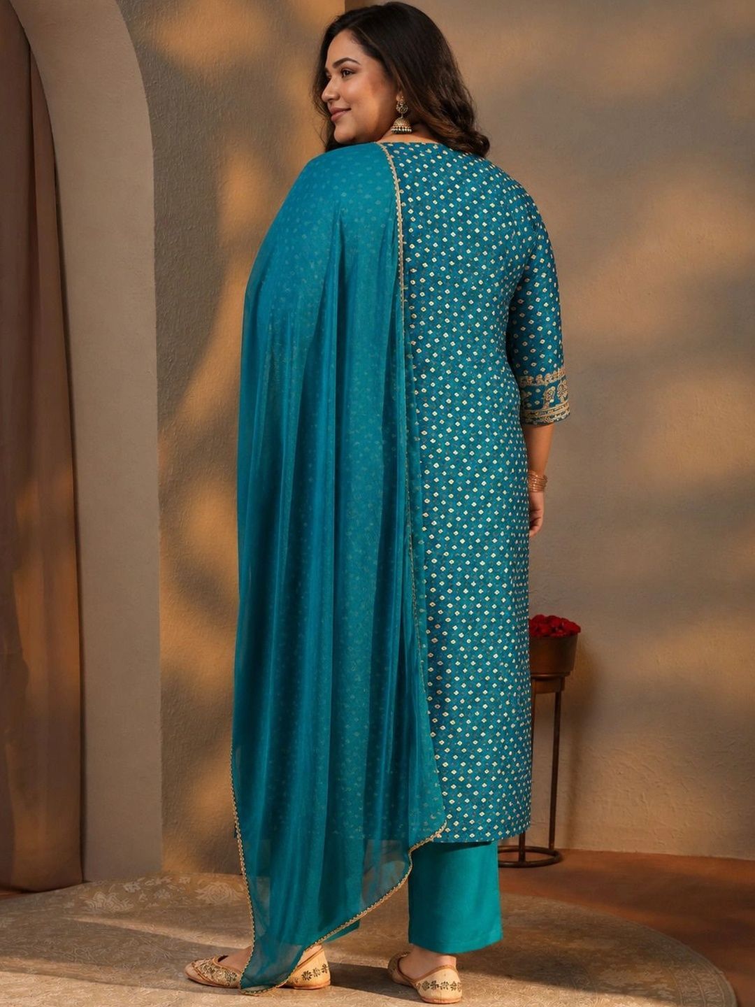 Plus Size Blue Bandhani Printed Silk Blend Straight Suit Set With Dupatta