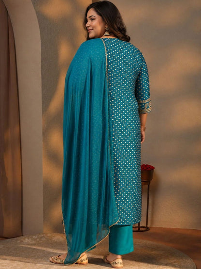 Plus Size Blue Bandhani Printed Silk Blend Straight Suit Set With Dupatta