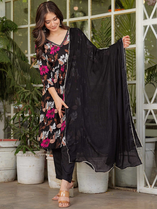 Women Floral Printed High Slit Thread Work Kurta with Trousers & With Dupatta