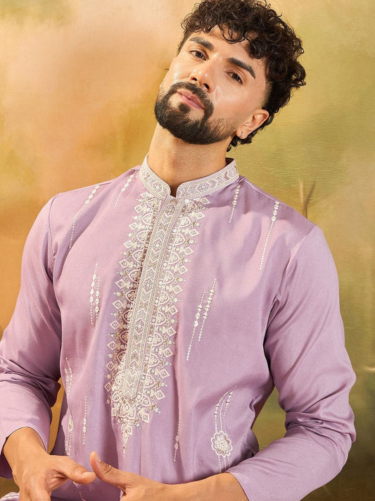 Embroidered Mandarin Collar Kurta & Trousers