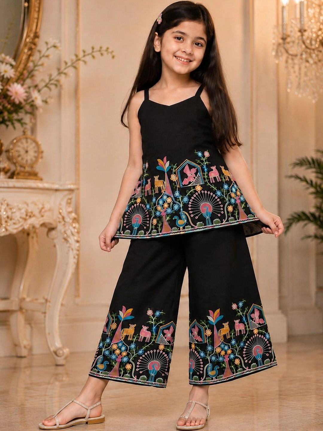 Girls Ethnic Motifs Embroidered Regular Thread Work Kurta with Palazzos