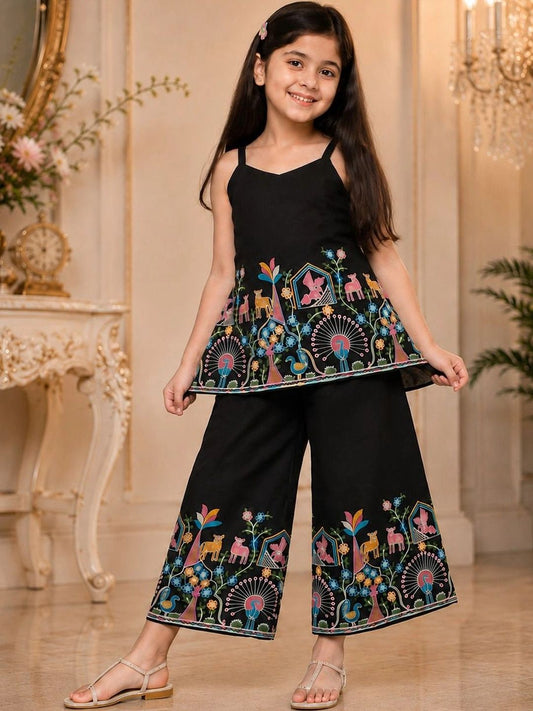 Girls Ethnic Motifs Embroidered Regular Thread Work Kurta with Palazzos