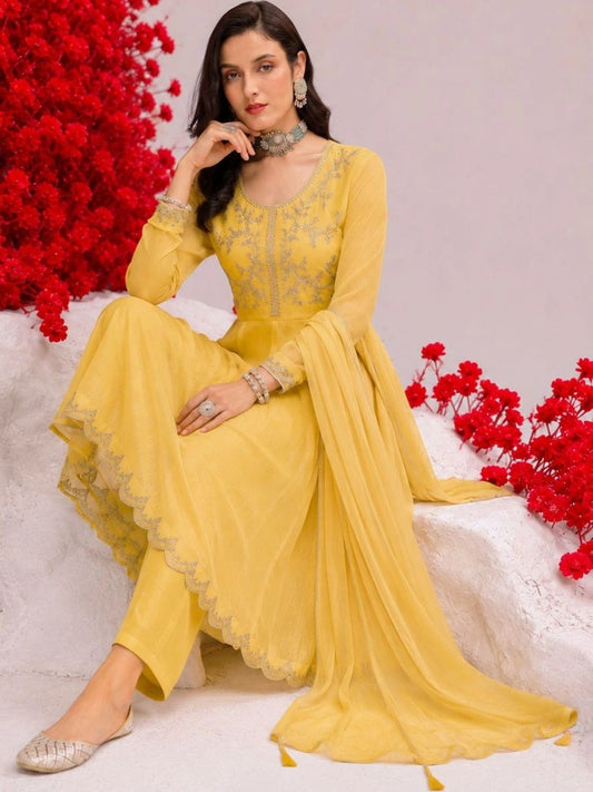 Women Butter Yellow Embroidered Anarkali Kurta And Pant Set With Dupatta