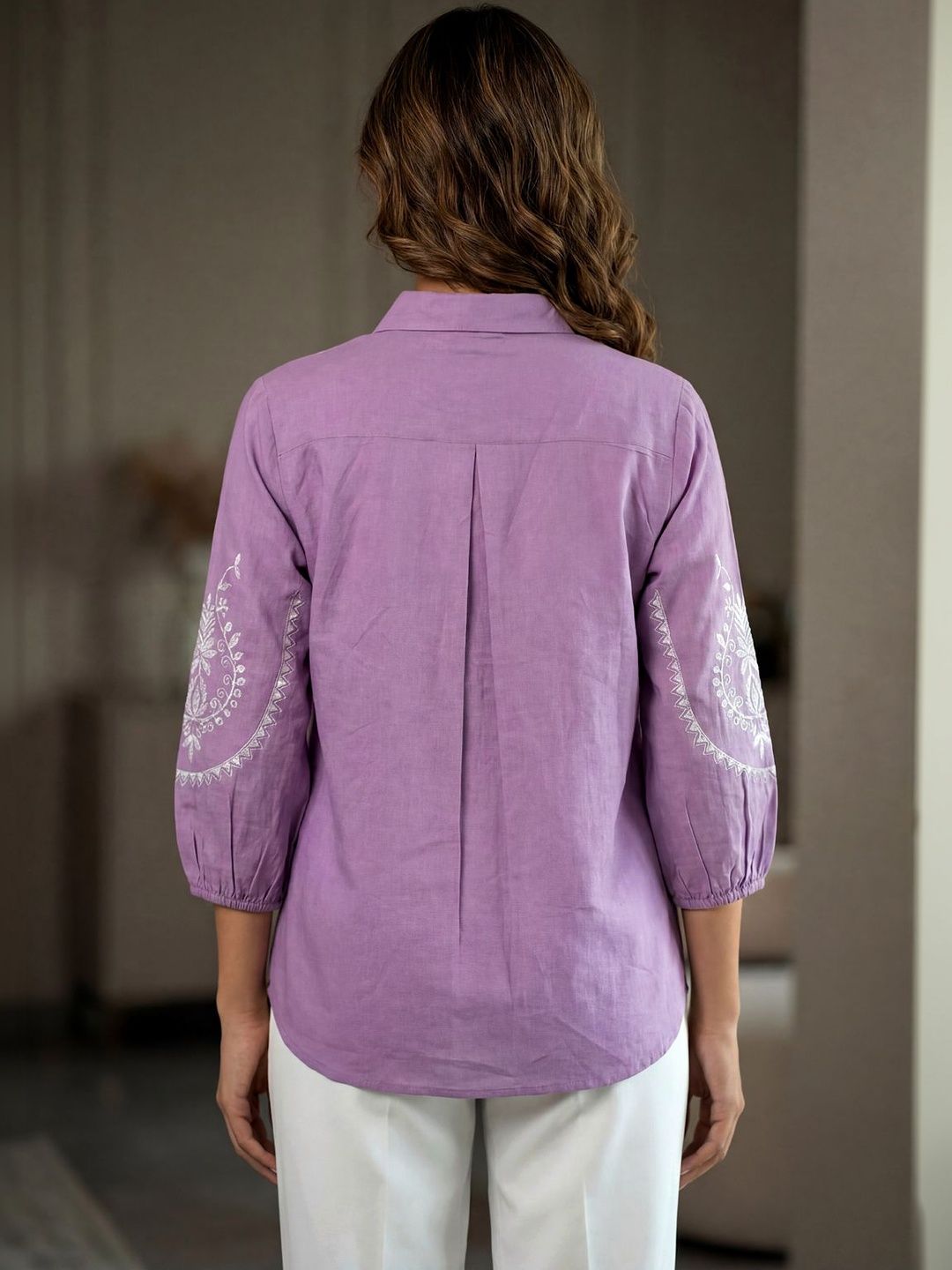 Women Shirt Collar Embroidered Tunic