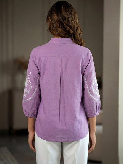Women Shirt Collar Embroidered Tunic