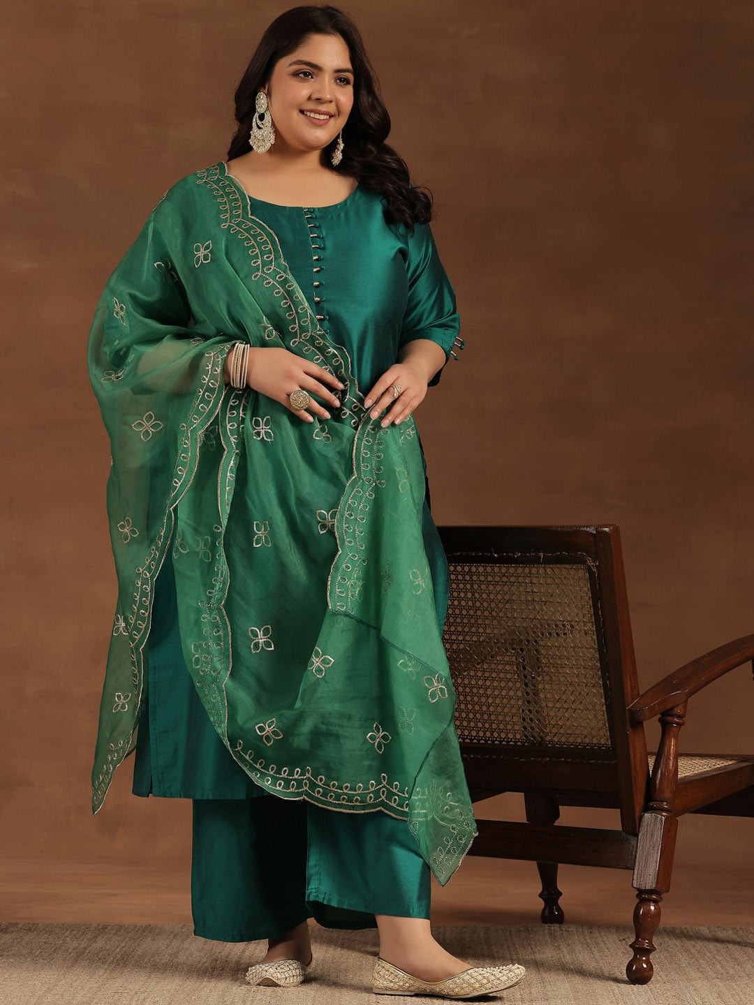 Plus Size Floral Embroidered Sequinned Kurta ,Palazzos & Dupatta