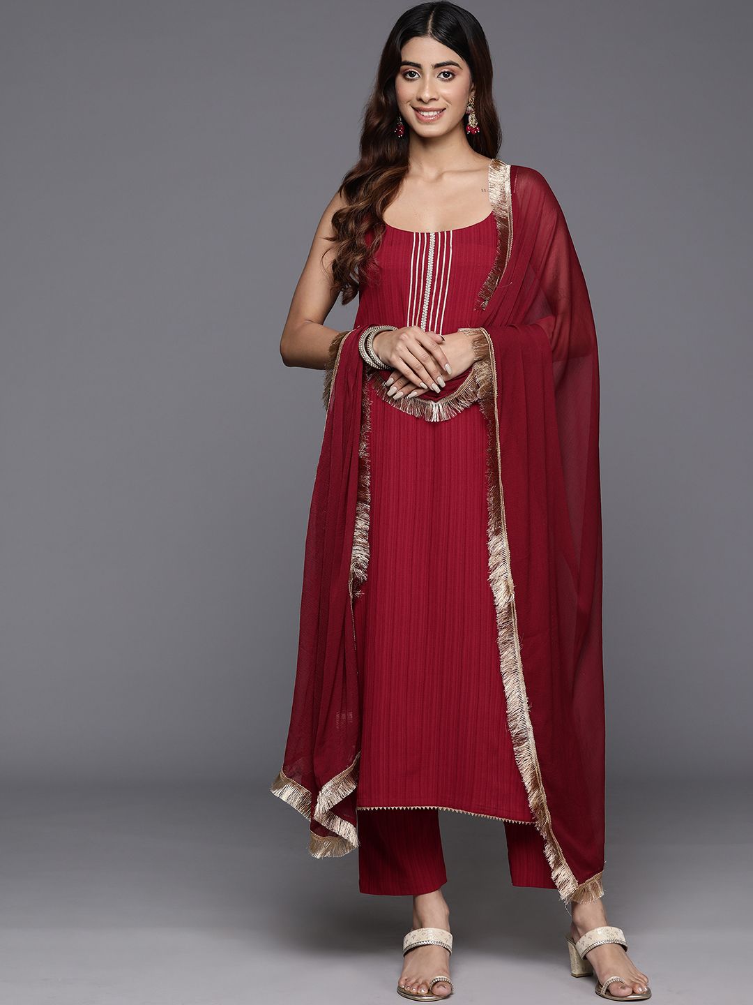 Woven Design Zari Silk Crepe Kurta with Trousers & Dupatta