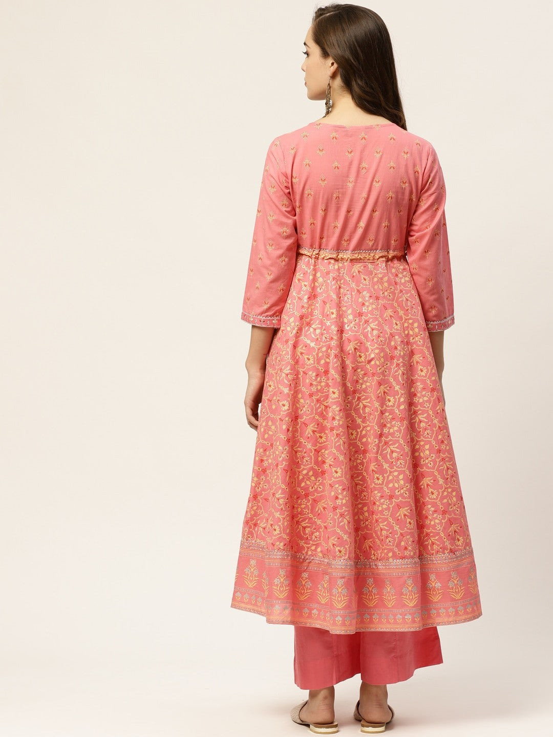 Women Coral Pink & Golden Ethnic Motifs Printed A-Line Pure Cotton Kurta Set