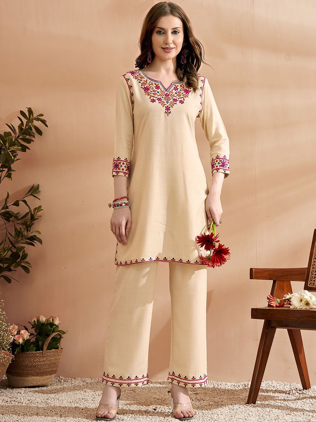 Embroidered Three Quarter Sleeves Kurta With Trousers Set