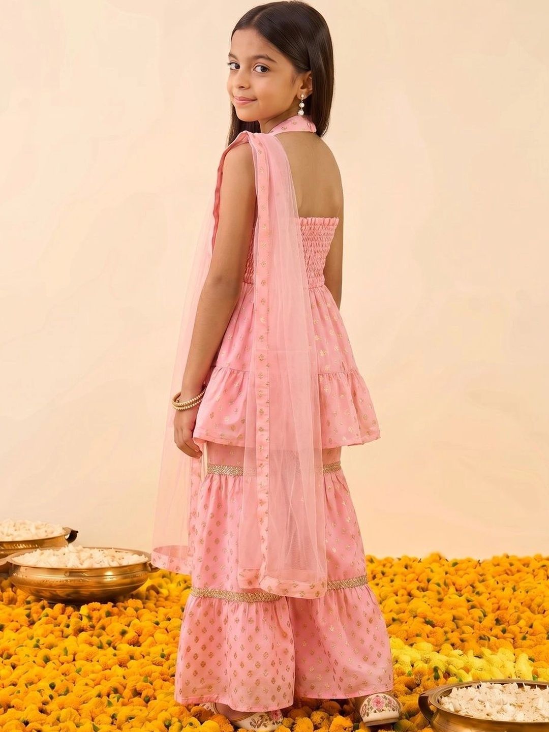 Girls Floral Printed Empire Kurta with Sharara & With Dupatta