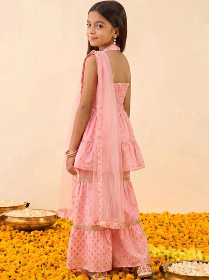 Girls Floral Printed Empire Kurta with Sharara & With Dupatta