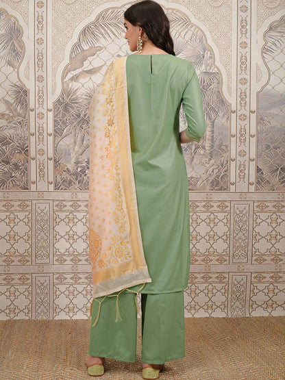 Women Green Ethnic Motifs Yoke Design Thread Work Straight Kurta With Palazzos & Dupatta