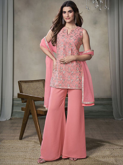 Paisley Embroidered Notch Neck Georgette Straight Kurta & Sharara with Dupatta