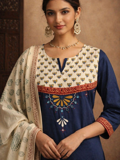 Women Ethnic Motifs Yoke Design Regular Pure Cotton Kurta with Trousers & With Dupatta