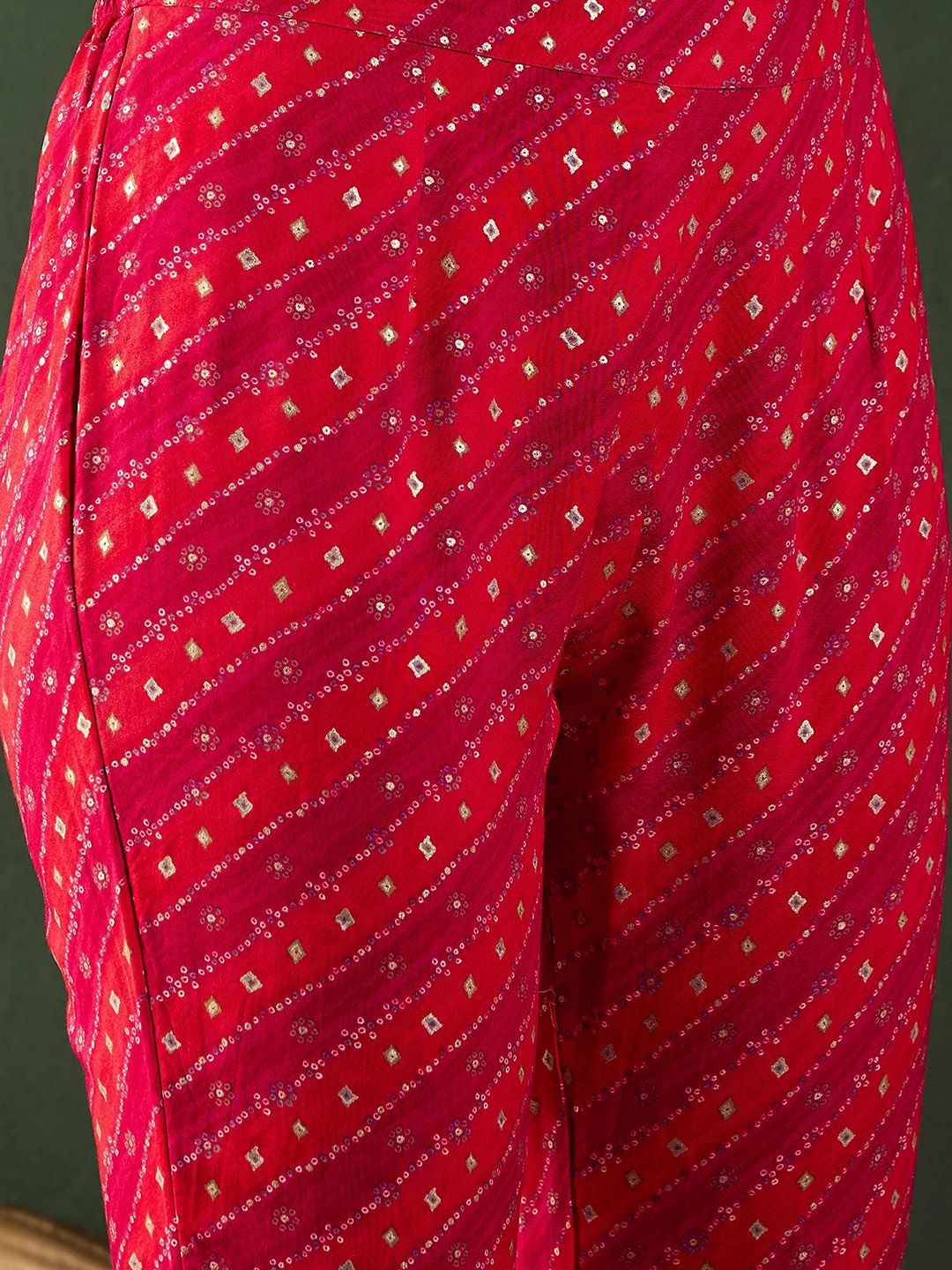 Red Bandhani Printed Regular Mirror Work Kaftan Kurta With Trouser