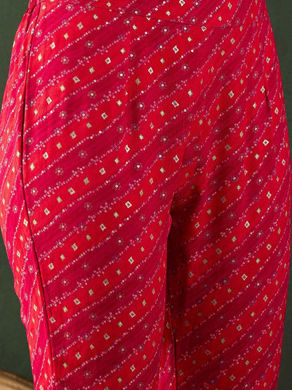 Red Bandhani Printed Regular Mirror Work Kaftan Kurta With Trouser