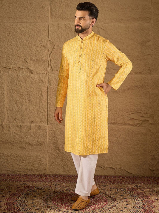 Geometric Printed Mandarin Collar Thread Work Straight Kurta With Trouser