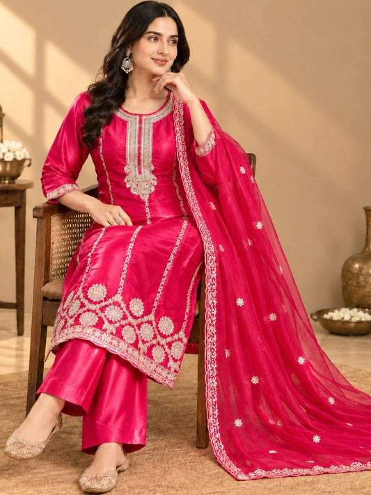 Women Ethnic Motifs Regular Raw Silk Kurta with Palazzos & With Dupatta