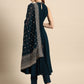 Women Teal Blue Ethnic Motifs Embroidered Kurta with Trousers & Dupatta