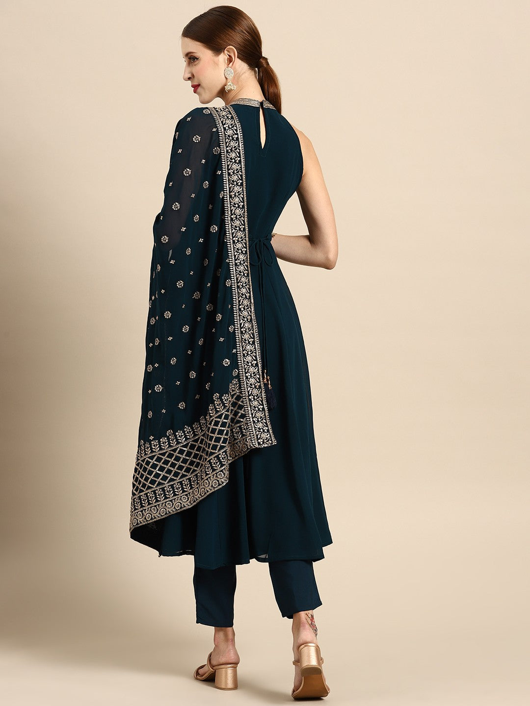 Women Teal Blue Ethnic Motifs Embroidered Kurta with Trousers & Dupatta