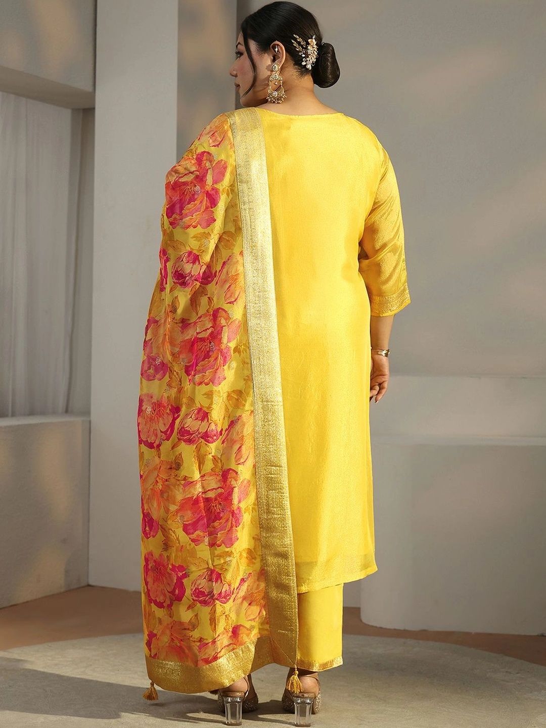 Women Ethnic Motifs Embroidered Regular Chanderi Silk Kurta with Trousers & With Dupatta
