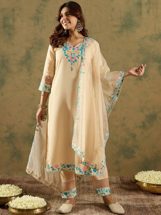 Floral Embroidered Thread Work Kurta With Trousers & Dupatta