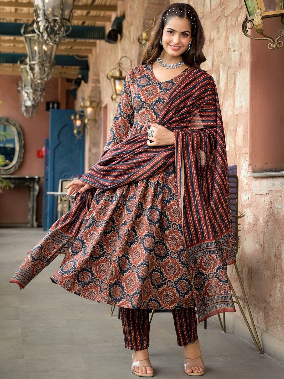 Ethnic Motifs Printed A-Line Kurta with Trousers & Dupatta