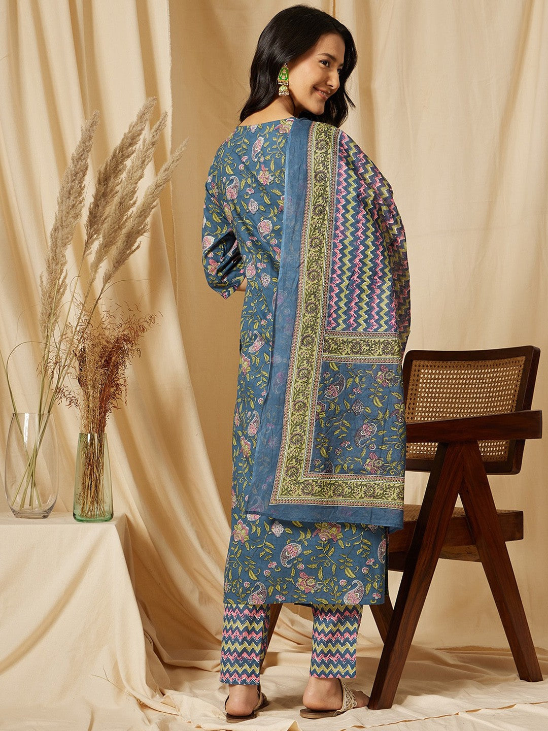 Notch Neck Floral Printed Pure Cotton Kurta with Palazzo & Dupatta