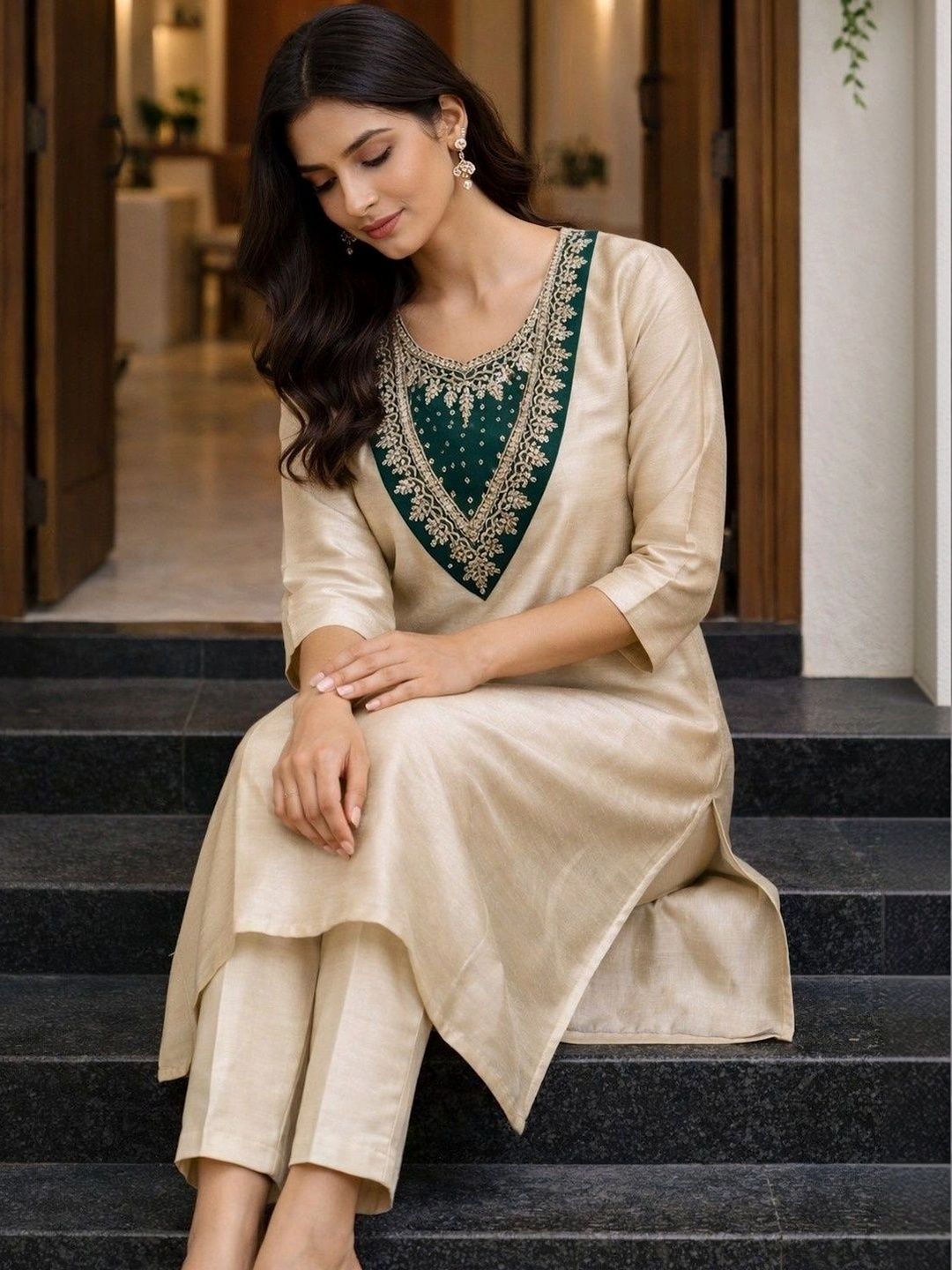 Women Ethnic Motifs Embroidered Regular Thread Work Kurta with Trousers
