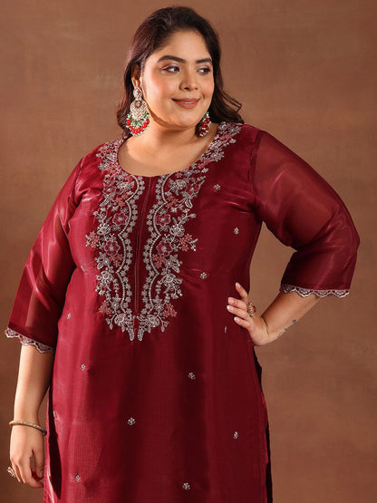 Women Plus Size Embroidered Sequinned Kurta with Trousers & Dupatta