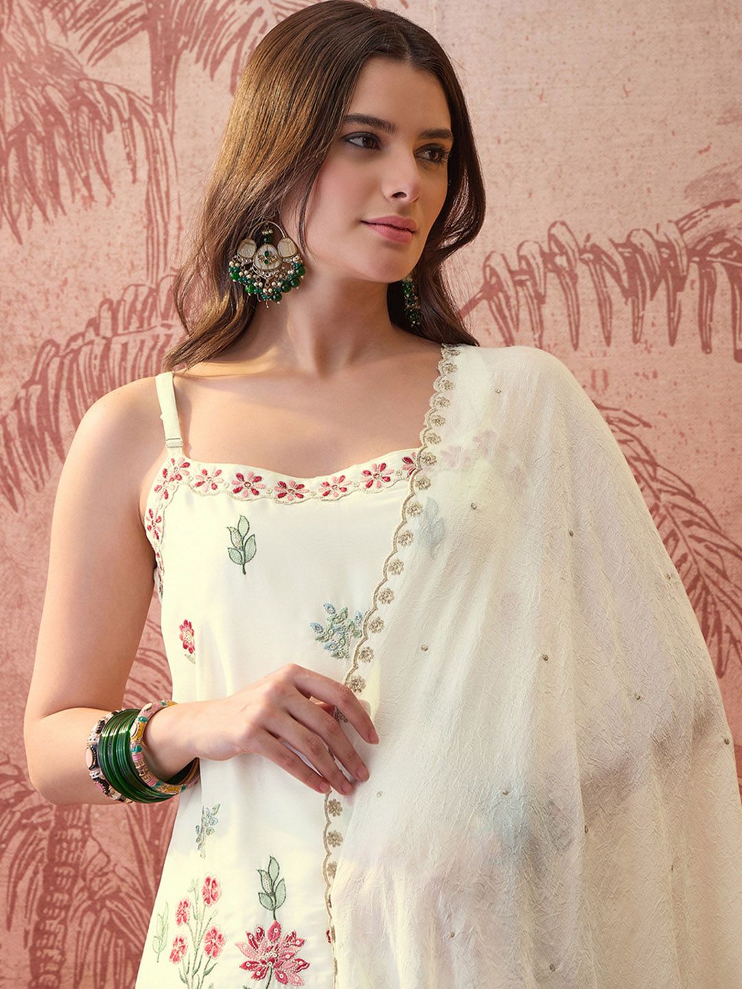 Embroidered Straight Kurta & Palazzos With Dupatta