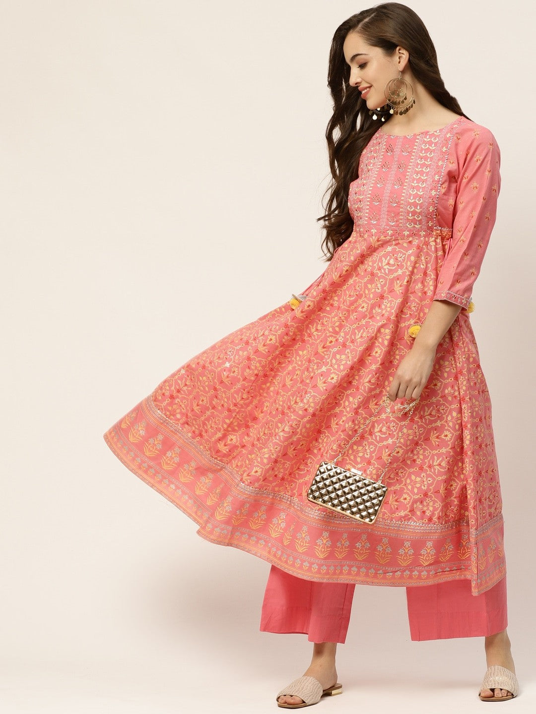 Women Coral Pink & Golden Ethnic Motifs Printed A-Line Pure Cotton Kurta Set