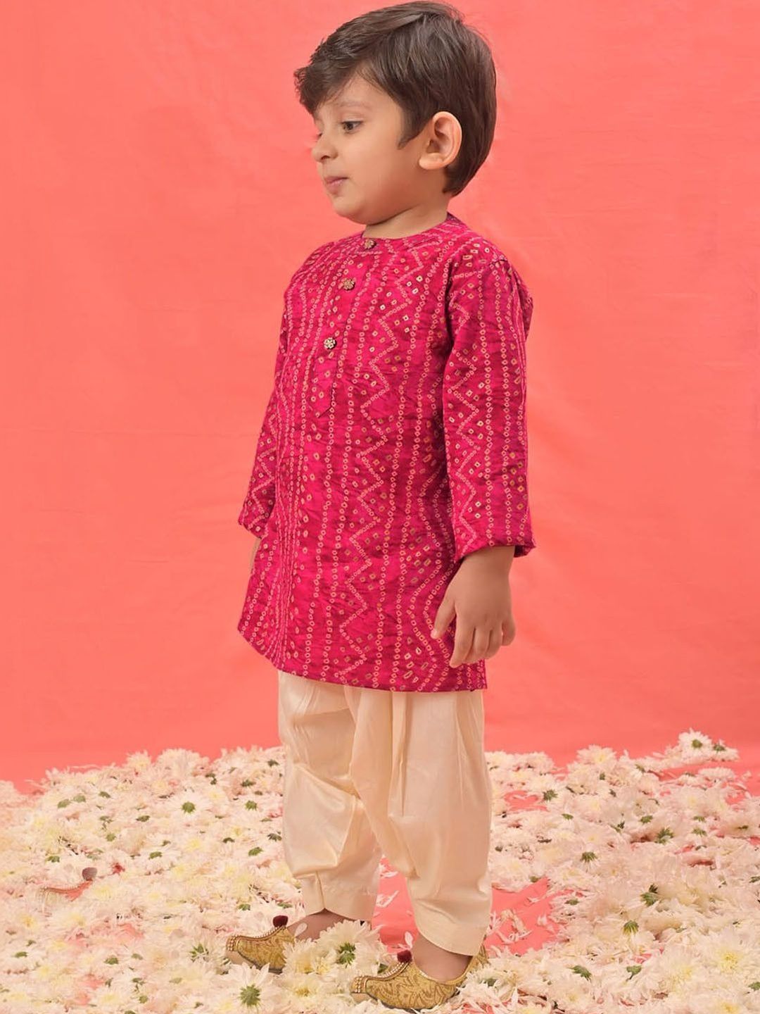 Boys Pink Bandhani Kurta & Patiyala Set