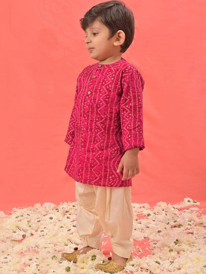 Boys Pink Bandhani Kurta & Patiyala Set