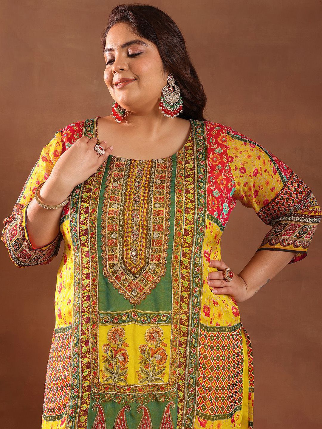 Extra Love By Libas Plus Size Women Ethnic Motifs Printed Kurta with Palazzos & Dupatta