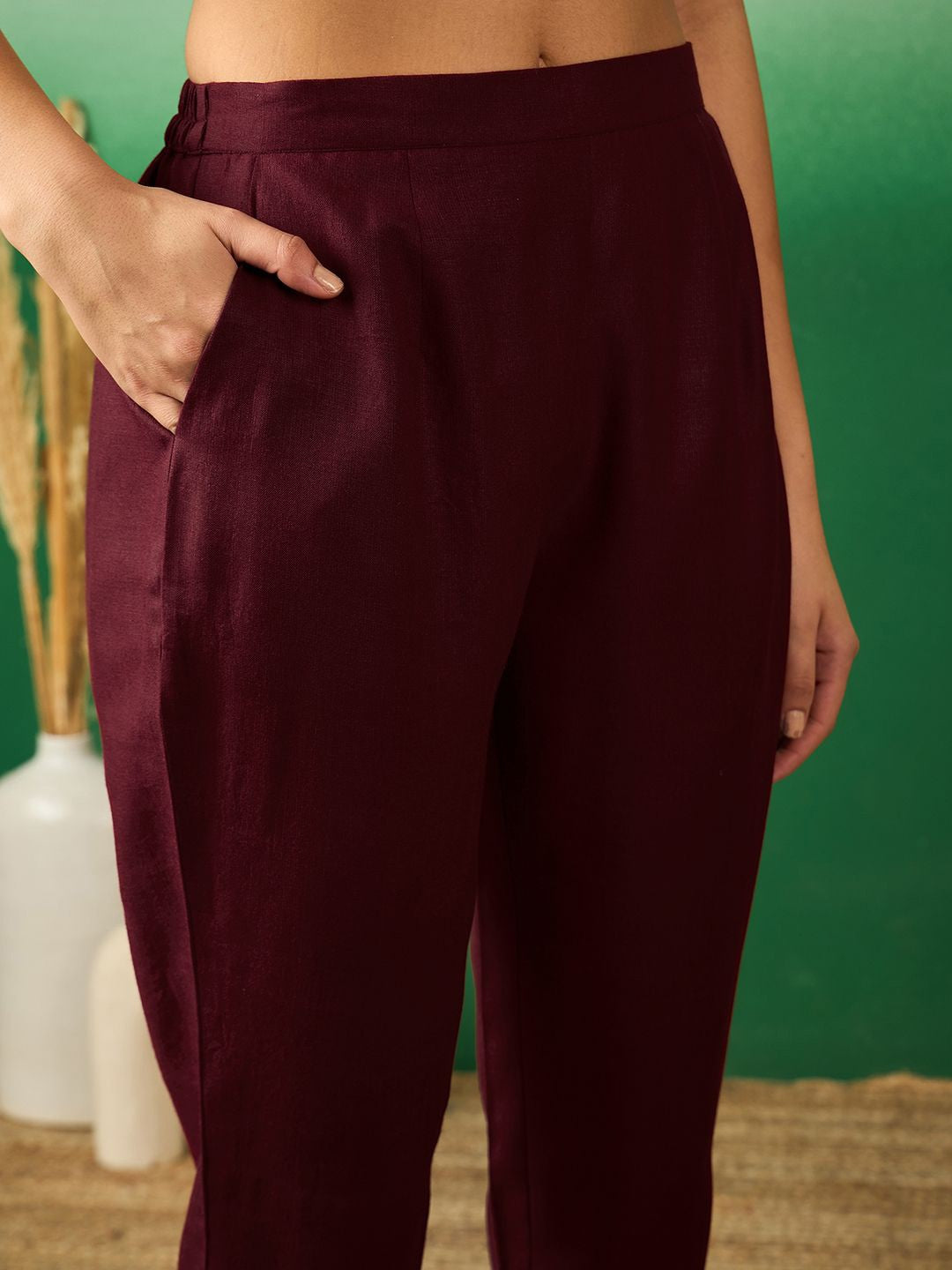 Maroon V-Neck Thread Work Straight Kurta With Trouser