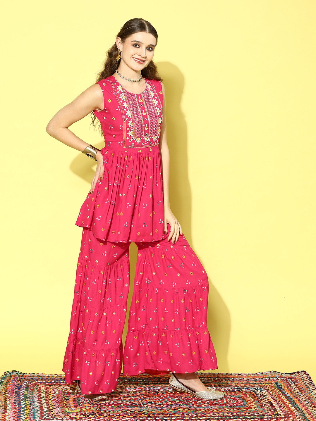 Bandhani Embroidered Pleated Mirror Work Kurti with Sharara & Dupatta