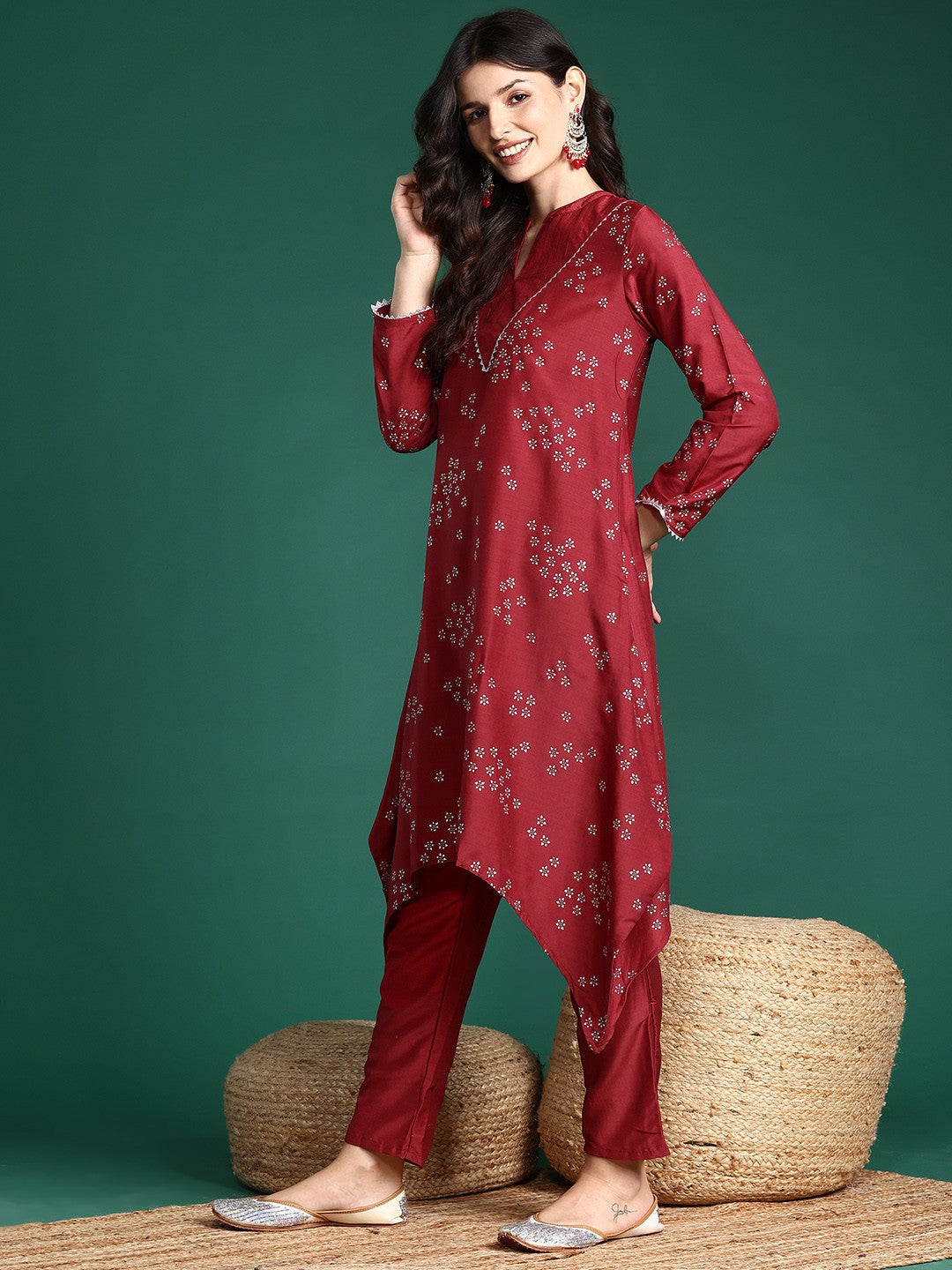 Foil Printed Ethnic Motifs Printed Gotta Patti Asymmetric Kurta with Trousers