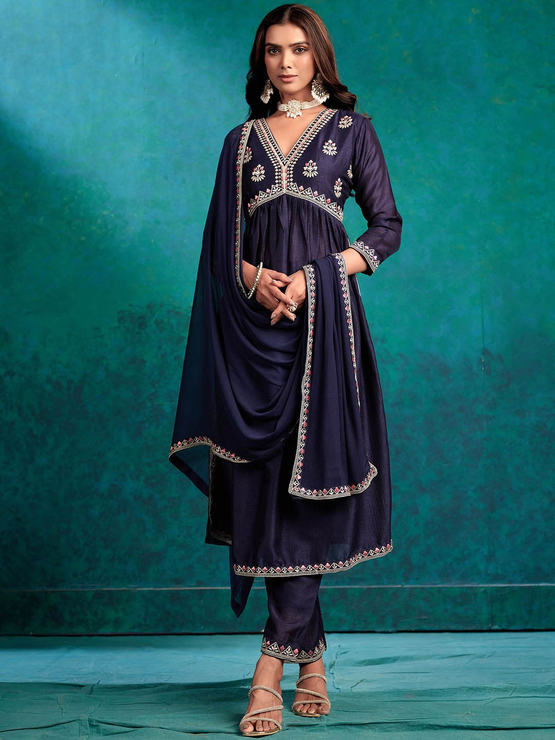 Embroidered V-Neck Kurta Trousers & Dupatta Set