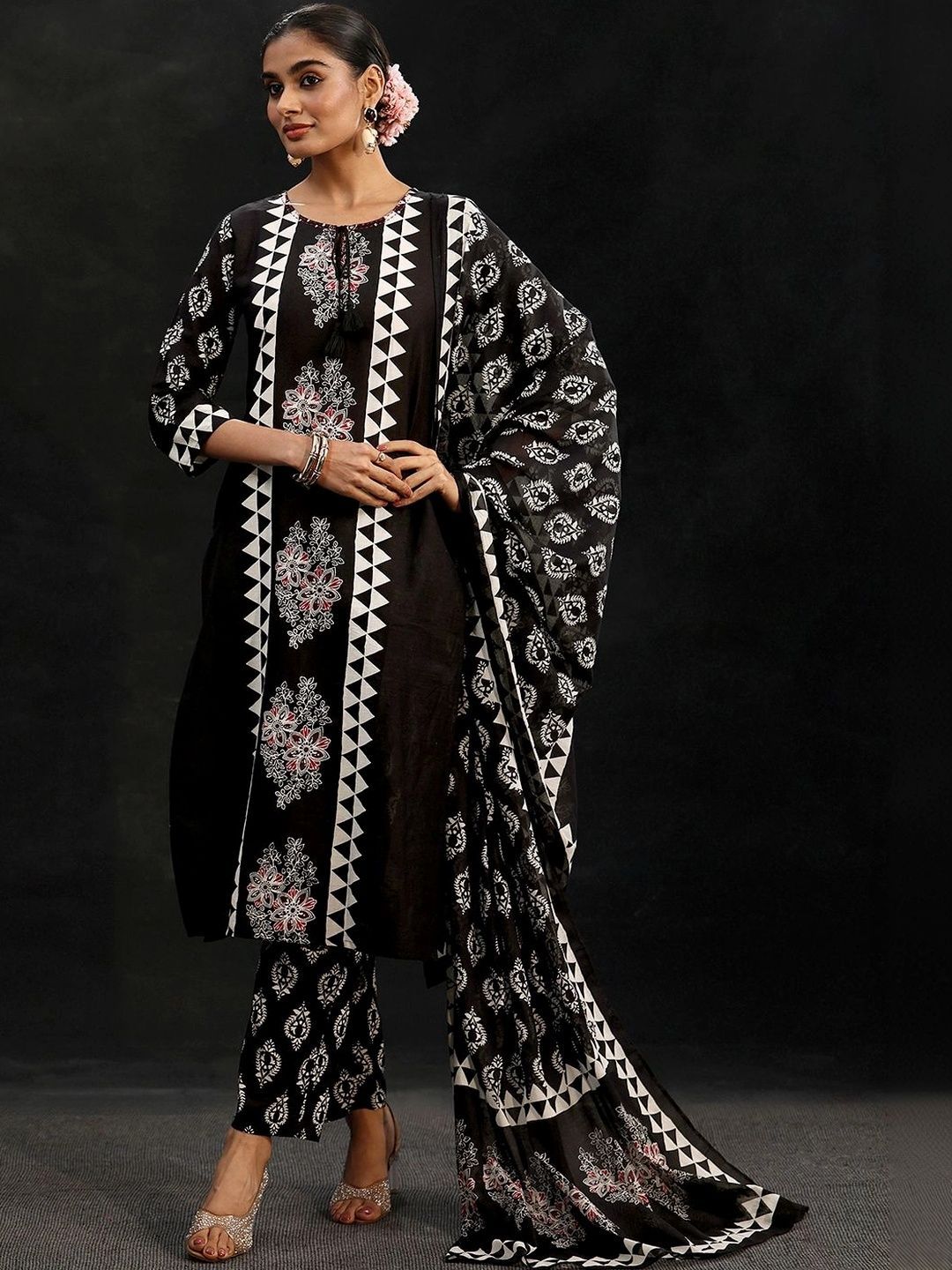 Black Block Print Cotton Straight Suit Set