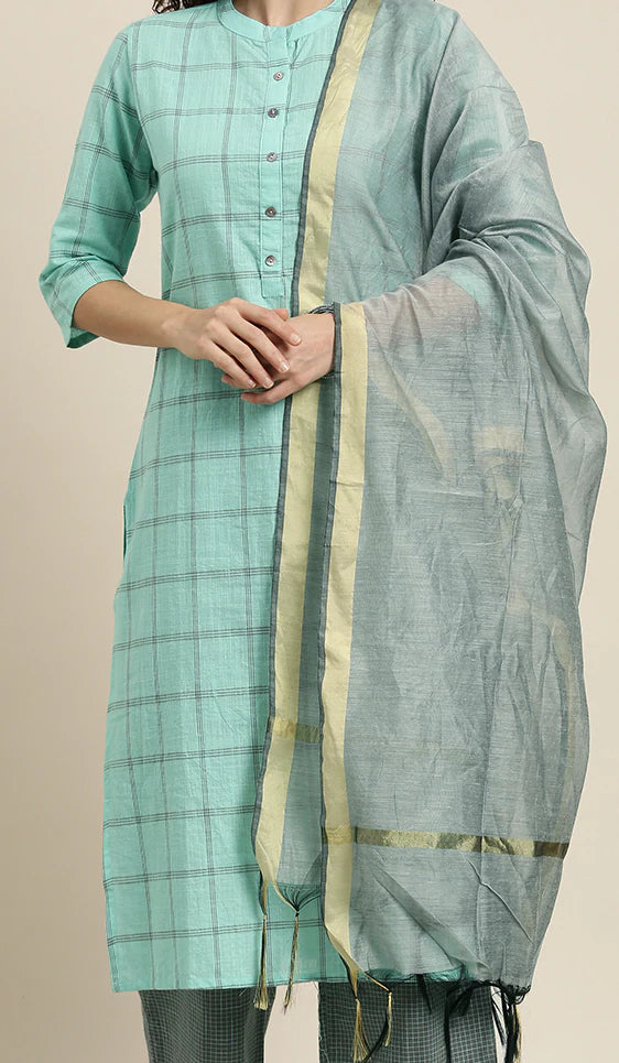 Women Green & Silver-Toned Printed Kurta with Palazzos & Dupatta