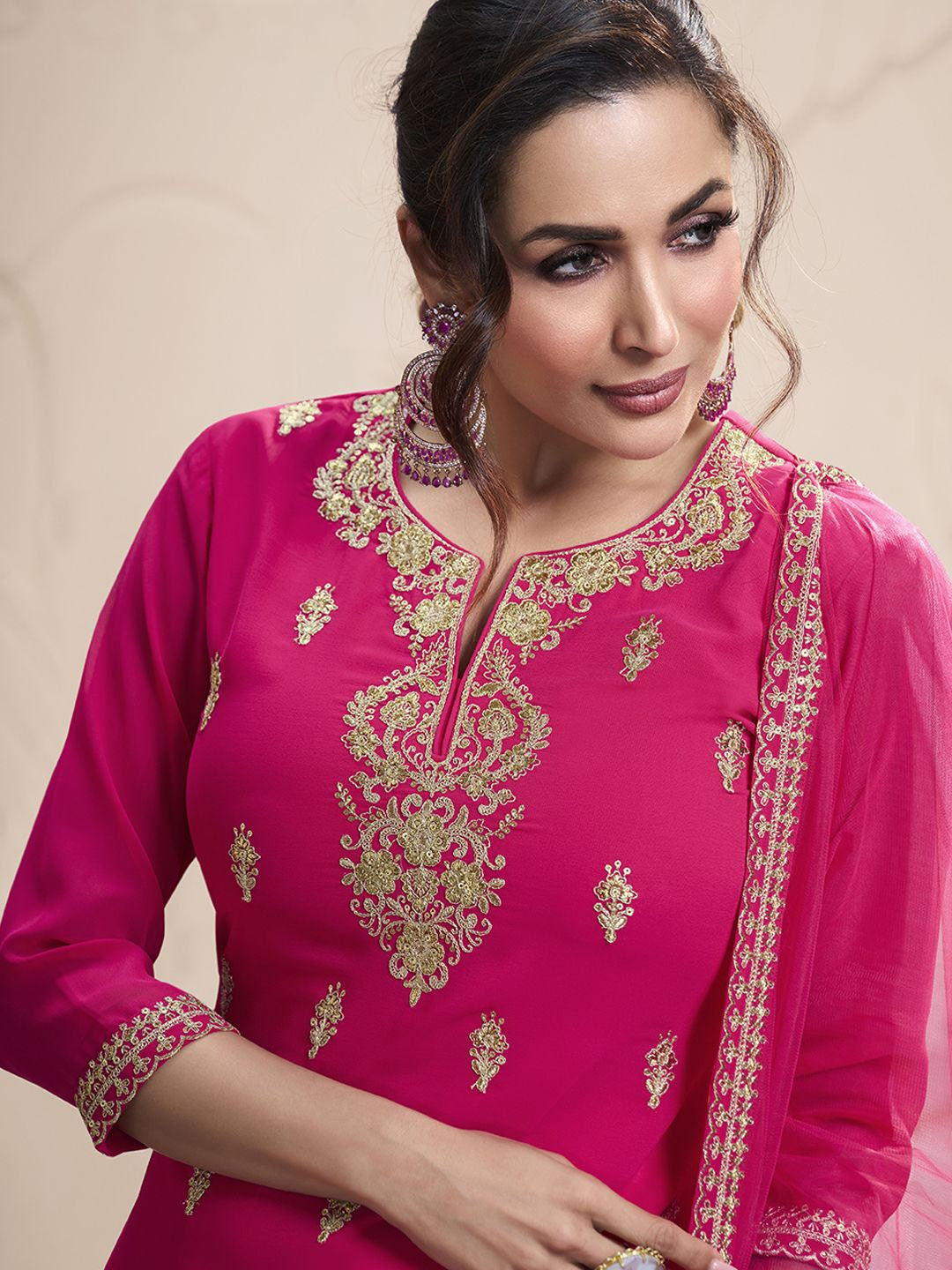 Floral Embroidered Regular Georgette Straight Kurti With Sharara & Dupatta