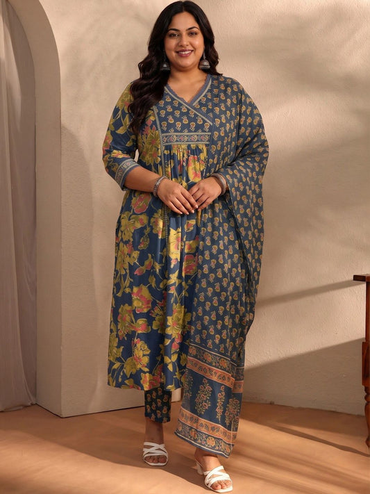 Women Floral Printed Angrakha Kurta with Trousers & With Dupatta