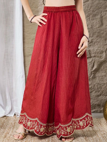 Girls Rust Red Embroidered Peplum Kurta With Plazzo Set
