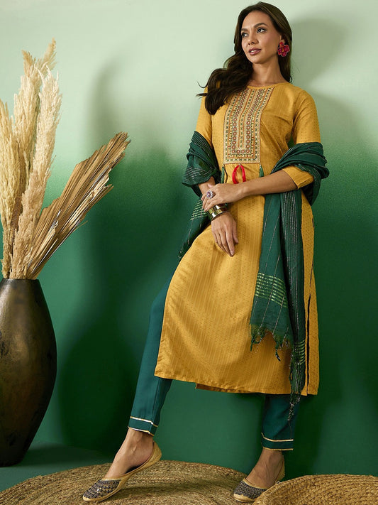 Yellow Ethnic Motifs Woven Design Straight Kurta With Trouser & Dupatta